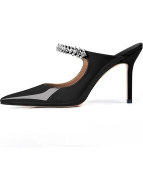Women's Black Rhinestone Heels Pointed Toe Slip On 4" Stiletto Closed Toe Pumps